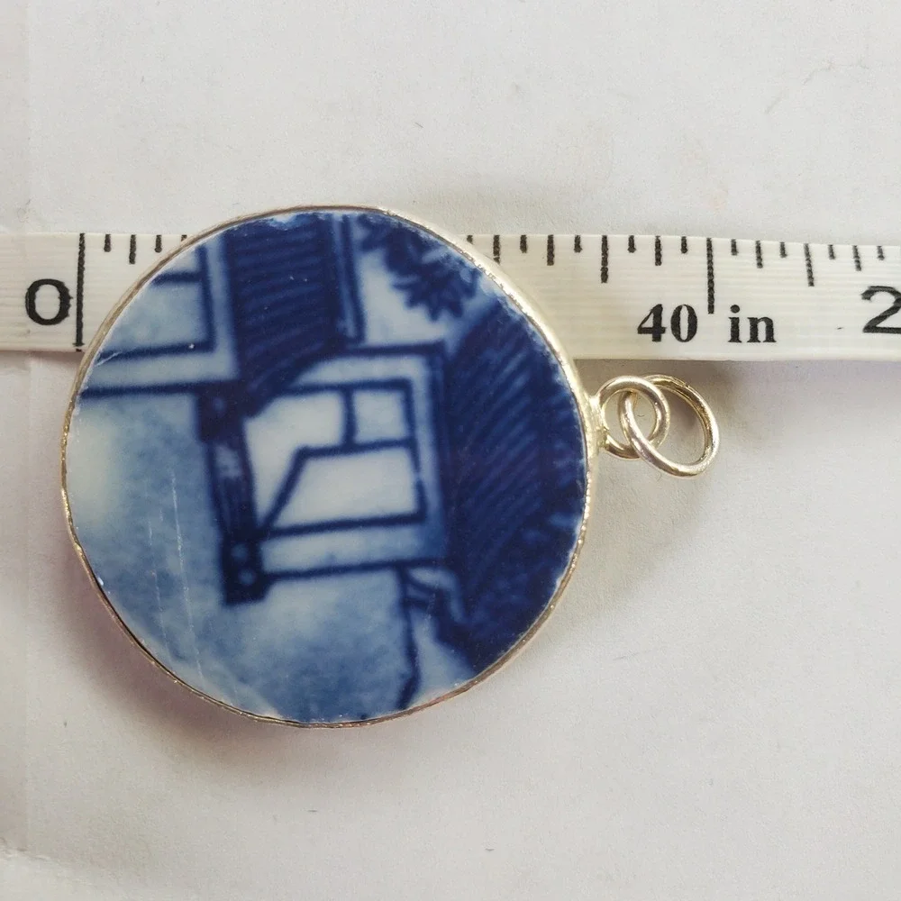 Blue & White Porcelain Pottery Shard Pendant Architecture Scene Silvertone Focal